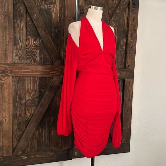 ANRABESS Sexy V Neck Ruched Bodycon Mini Dress Puff Long Sleeve Cocktail - Picture 3 of 12